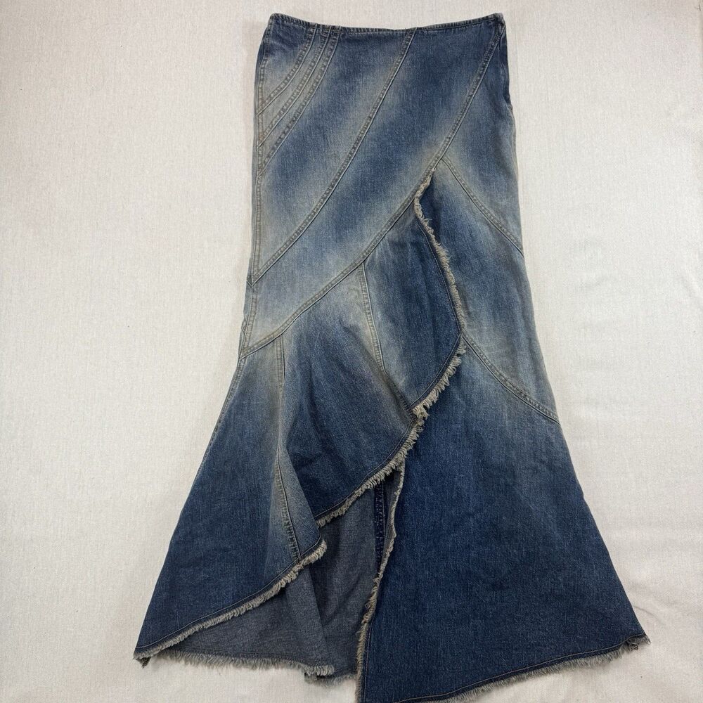 VTG Y2K Billy Blues Denim Maxi Skirt Womens 0 Patchwork Ruffle Raw Hem Mermaid
